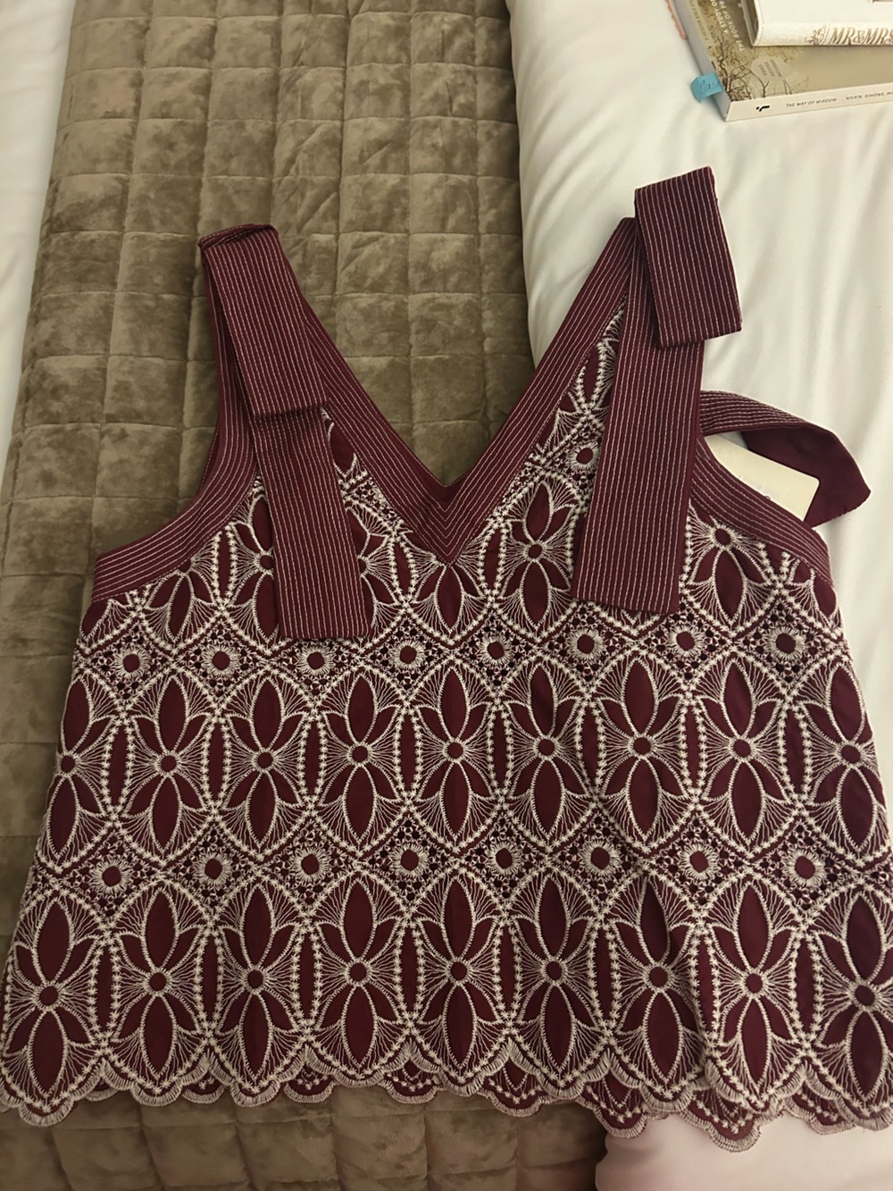 entro Maroon Lace-Embroidered V-Neck Tank Top